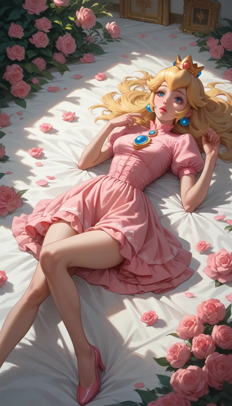 Princess Peach lying down with her legs wide open,masterpiece, Detail, HD model, high quality, 