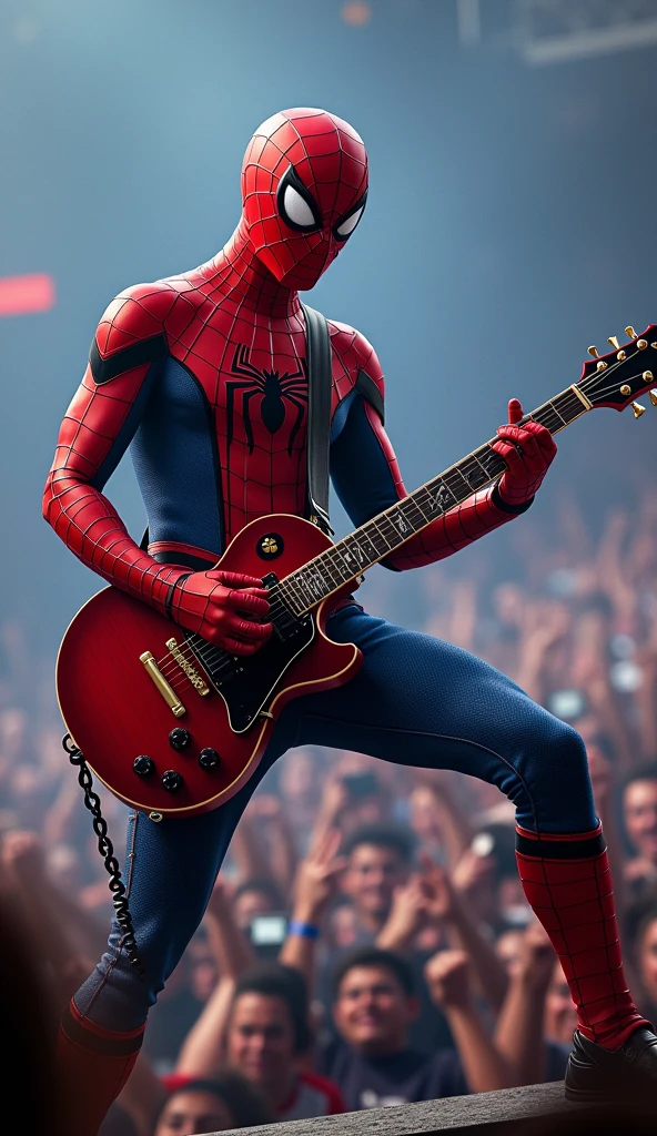 ((best quality)), ((masterpiece)), ((realistic)), (detailed), (Tom Holland:1.2), ((playing the electric stratocaster guitar)), ((Wearing spider-man costume)), (wearing a black leather jacket on top), flames, (metalhead, rock and roll), detailed digital art, trend in artstation, concept art, unreal engine, hyper detailed, volumetric light, moody cinematic epic concept art, realistic matte painting, cinematic epic, insanely detailed,  , ((masterpiece)), absurdists, HDR