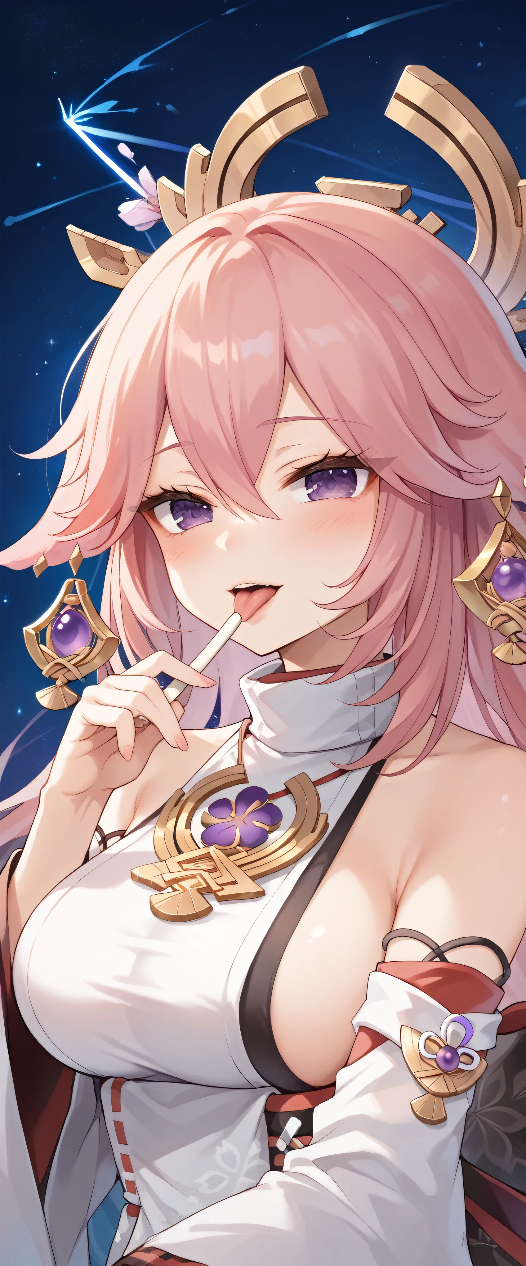 masterpiece,high resolution,Anime Art,Anime Numbers, 4k anime wallpaper,Radiant Skin,Solitary,Genshin Impact,Yae Miko,An anime girl,blush,Stick out your tongue,Pink Hair,Pink sweater,Big breasts,Purple Eyes,Upper body close-up,Starry sky background