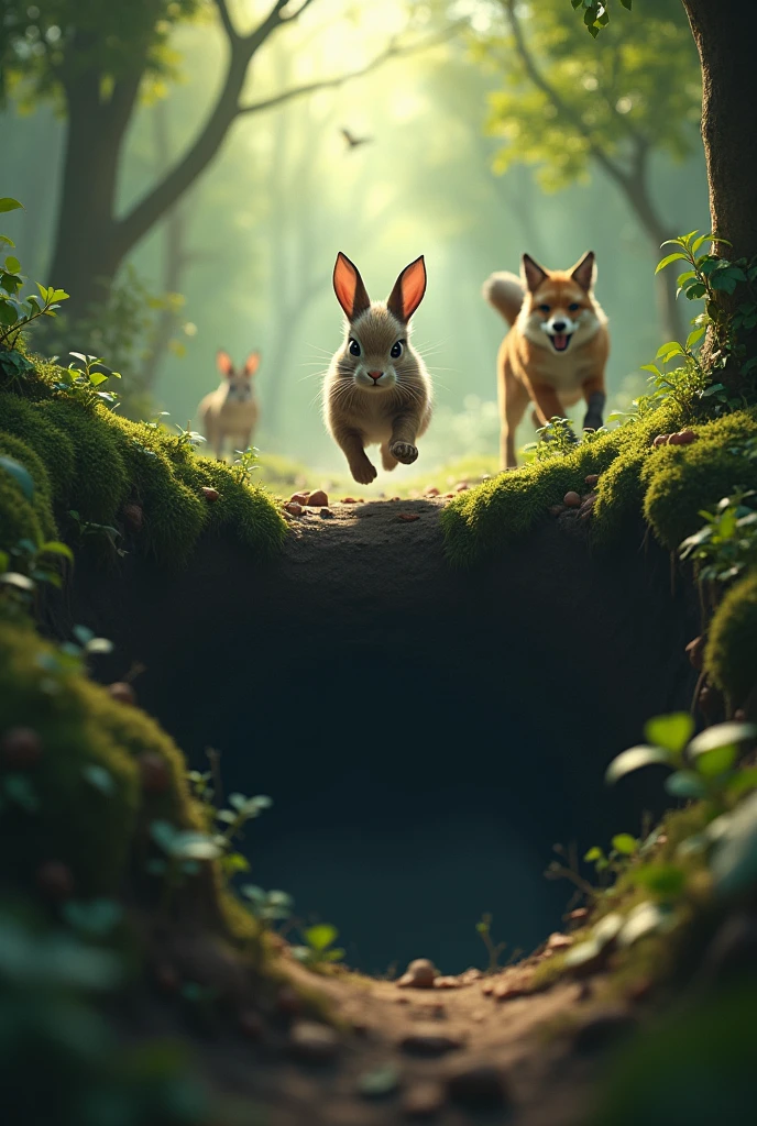 Rabbit approaches the deep pit** The rabbit spots a deep pit ahead in ...