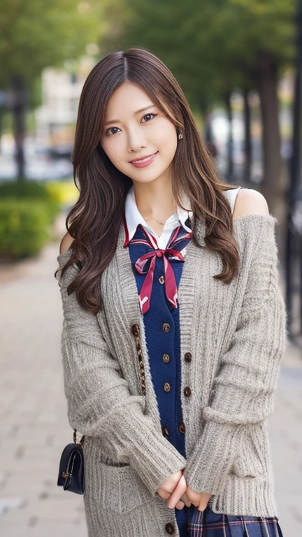 (((8k、High resolution、Best Quality、High resolution)))Single、Natural body type、White skin、Natural Makeup、Black Hair、Straight Long Hair、、((High School Uniform))、((Navy blue cardigan、White collar long sleeve blouse))、((Red checked pleated skirt))、(red school ribbon)、、(Big Breasts)、((The upper body is wearing a uniform))、(((Full body shot)))、(((Exposing thighs)))