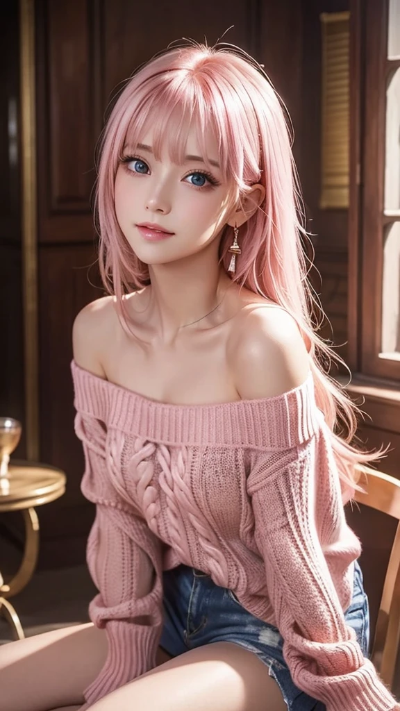 Light pink hair、masterpiece、Best Quality、High resolution、Highly detailed photos、Professional Lighting、(((Tops)))、Bangs between the eyes、Hair above the eyes、片Hair above the eyes、Mid-face hair、Strike a Pose、Portraiture、Bright expression、like々White, radiant skin、Great looks、Light pink hair、眩しいハイライトが入ったLight pink hair、Bright and shiny hair,、Long Straight Hair、Beautiful sparkling bangs、Sparkling、Clear、Attractive big blue eyes、so beautiful, Lovely and cute girl, Looking at the audience, Laughter, , ((Off-the-shoulder light red sweater,)) barefoot, night, Warm indoors, Image illuminated by a small lamp, 