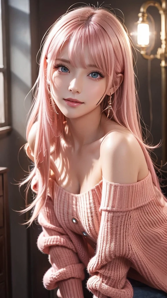 Light pink hair、masterpiece、Best Quality、High resolution、Highly detailed photos、Professional Lighting、(((Tops)))、Bangs between the eyes、Hair above the eyes、片Hair above the eyes、Mid-face hair、Strike a Pose、Portraiture、Bright expression、like々White, radiant skin、Great looks、Light pink hair、眩しいハイライトが入ったLight pink hair、Bright and shiny hair,、Long Straight Hair、Beautiful sparkling bangs、Sparkling、Clear、Attractive big blue eyes、so beautiful, Lovely and cute girl, Looking at the audience, Laughter, , ((Off-the-shoulder light red sweater,)) barefoot, night, Warm indoors, Image illuminated by a small lamp, 