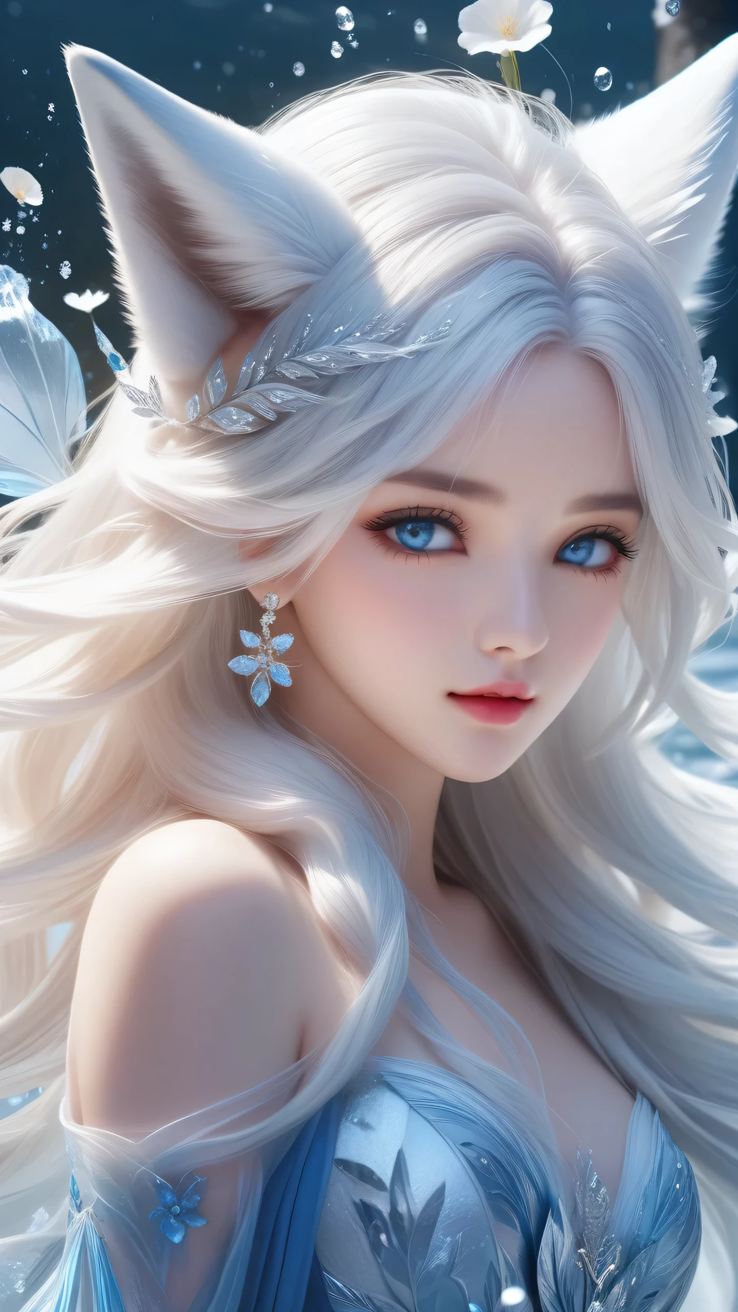 masterpiece, best quality,
official art, extremely
detailed cg 8k wallpaper,
(flying petals)
(detailed ice) , crystals
texture skin, cold
expression, ((fox ears)),
white hair, long
hair, messy hair, blue eye,
looking at viewer,
extremely delicate and
beautiful, water, ((beauty
detailed eye)), highly
detailed, cinematic
lighting, (beautiful face),
fine water surface, (original
figure painting), ultra-
detailed, incredibly
detailed, (an extremely
delicate and beautiful),
beautiful detailed eyes,
(best quality), (masterpiece,best quality:1.5)