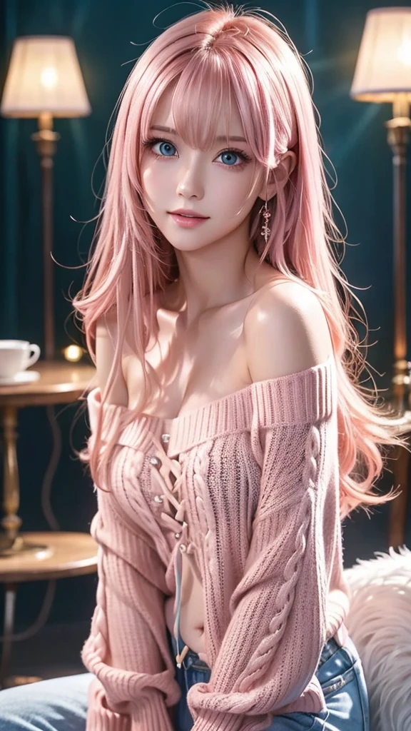 Light pink hair、masterpiece、Best Quality、High resolution、Highly detailed photos、Professional Lighting、(((Tops)))、Bangs between the eyes、Hair above the eyes、片Hair above the eyes、Mid-face hair、Strike a Pose、Portraiture、Bright expression、like々White, radiant skin、Great looks、Light pink hair、眩しいハイライトが入ったLight pink hair、Bright and shiny hair,、Long Straight Hair、Beautiful sparkling bangs、Sparkling、Clear、Attractive big blue eyes、so beautiful, Lovely and cute girl, Looking at the audience, Laughter, , ((Off-the-shoulder light red sweater,)) barefoot, night, Warm indoors, Image illuminated by a small lamp, 