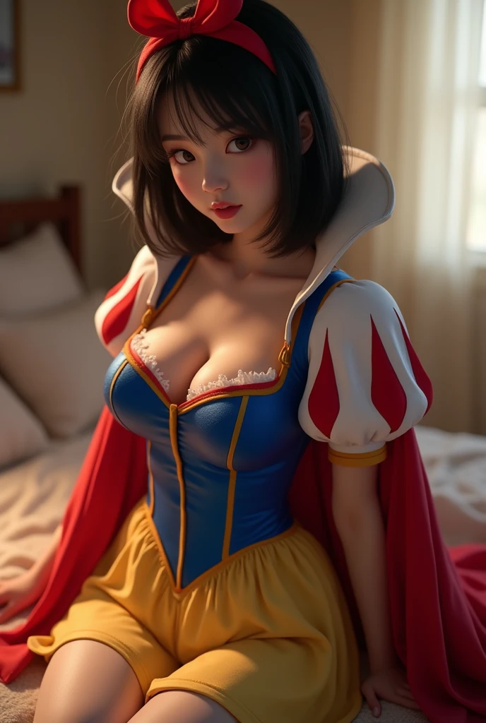 Beautiful Japanese 18 year old woman, wearing snow white cosplay, blue silk corset, red silk cape, yellow silk pleated skater skirt, white leggings, black bob hair, red hairband, ((lying on her back)), (((legs open))), white panties, touching panties, silk panties, hands on self, large breasts, touching panties, masterpiece, photorealistic, amazing detailed face, female masturbation masturbation, aroused, pained expression on face, hands between legs, penetration,  ahegao