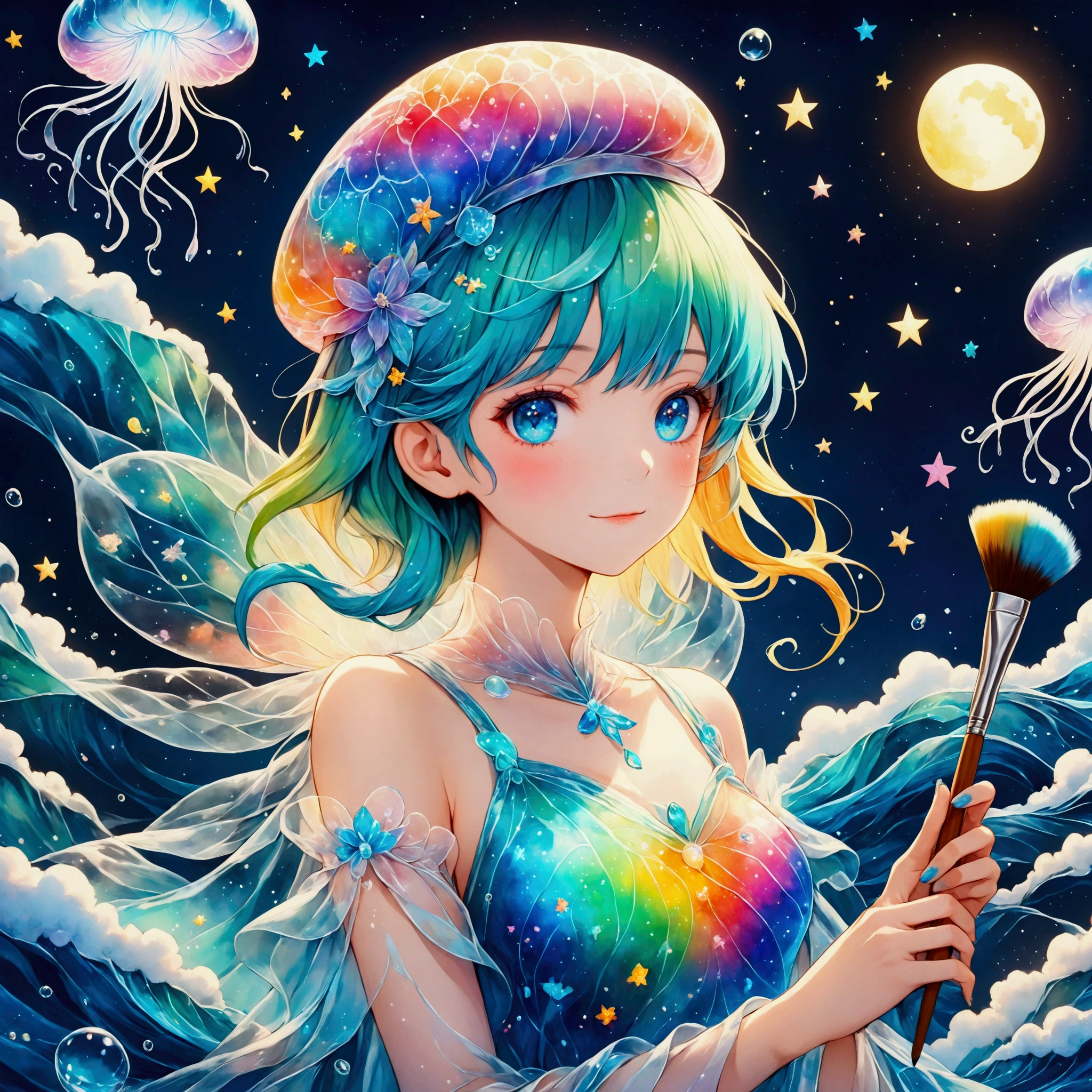 A small sea fairy with a transparent blue body resembling a water droplet, delicate jellyfish-like wings on its back, and a stylish artist's beret on its head. The fairy is holding a paintbrush in its hand, flying through the air, and using the waves and wind of the sea to paint. Surrounded by soft sea foam and gentle breezes, the character radiates creativity and joy. The atmosphere is whimsical and artistic, with warm, friendly expressions that emphasize the fairy's role as a cheerful and imaginative mascot. The scene captures a light and playful mood, with a focus on the fairy's beret and artistic tools.,Anatomically correct,colorful,Colorful,Absurdly beautiful,Transparency,Bioluminescent Dress