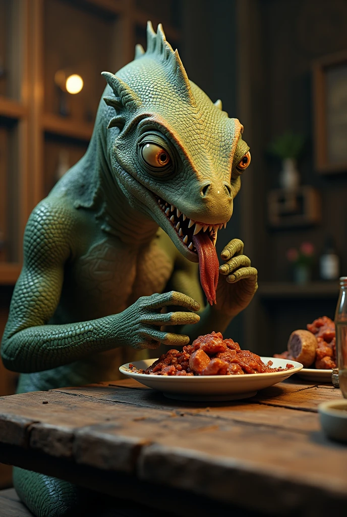 charmeleon, flaming tail, looking at viewer,  smiling, sharp teeth,
sitting, kitchen, eating a bowl of cereal, extreme detail, hdr, masterpiece, fantasy quality, <lora:0005_charmeleon_lora:.7>