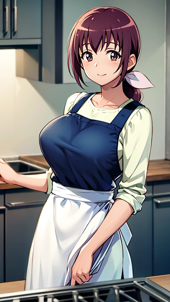 Starry Sky Nurture, Hair tied back, large breasts, kitchen, apron, cooking, smiling, looking happy