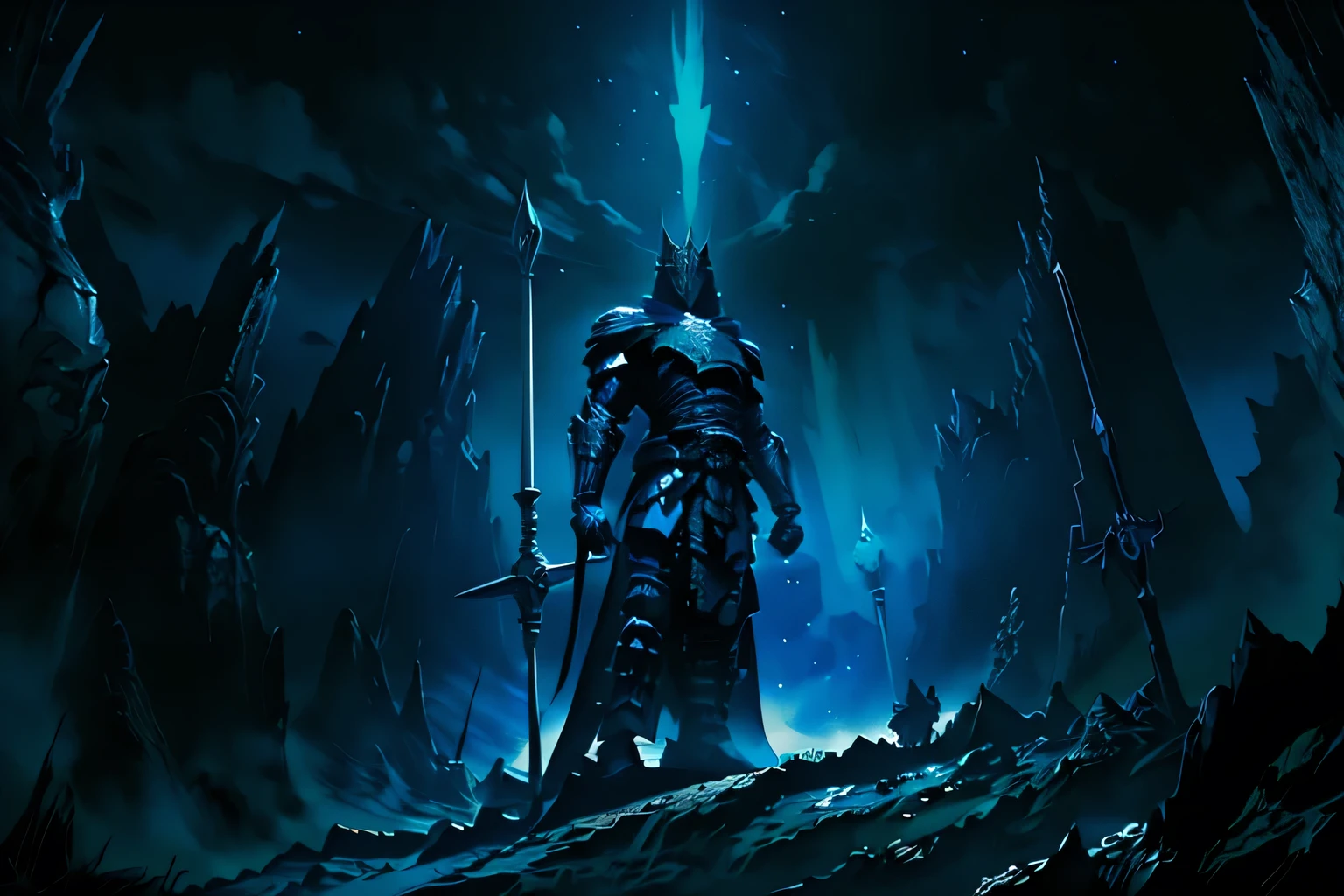 a knight with a sword standing in a dark night, detailed armor, glowing sword, dramatic lighting, moody atmospheric colors, deep blue night sky, glowing moon, stars, cinematic composition