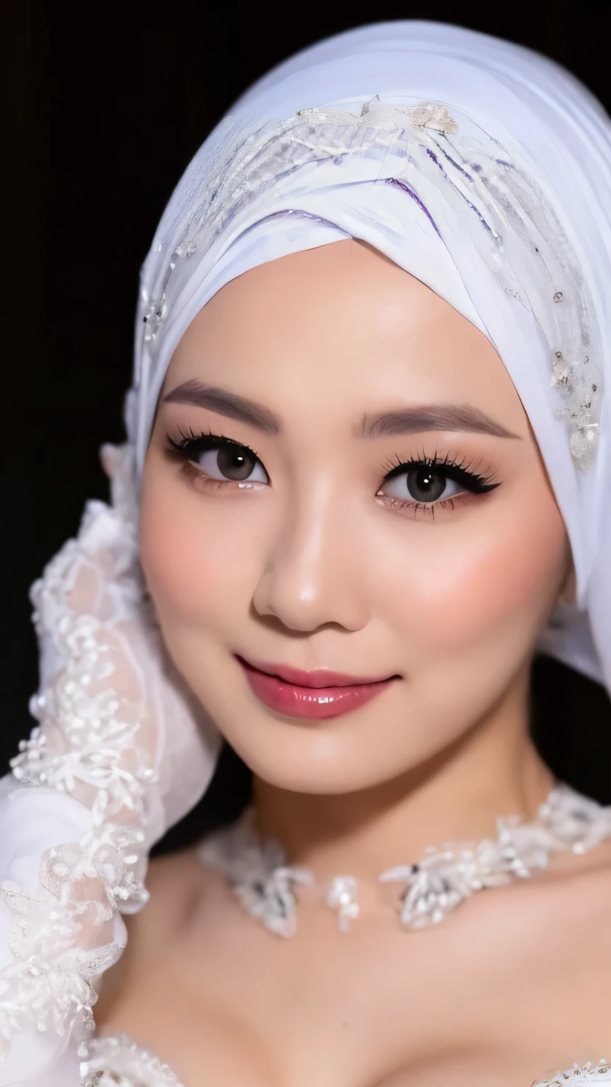 ((Realistic lighting, Best quality, 8K, Masterpiece: 1.3)), Clear focus: 1.2, 1 indonesian hijab girl, lolita , Perfect close up, beauty nude, naked, (white hijab, medium saggy breasts: 1.3), lace material, (indoor, night: 1.1), porn studio background, Super fine face, fine eyes, double eyelids, naughty smile, sexy seducing close up pose, Red Lipstick, Sensual Lipstick, Sensational Make up