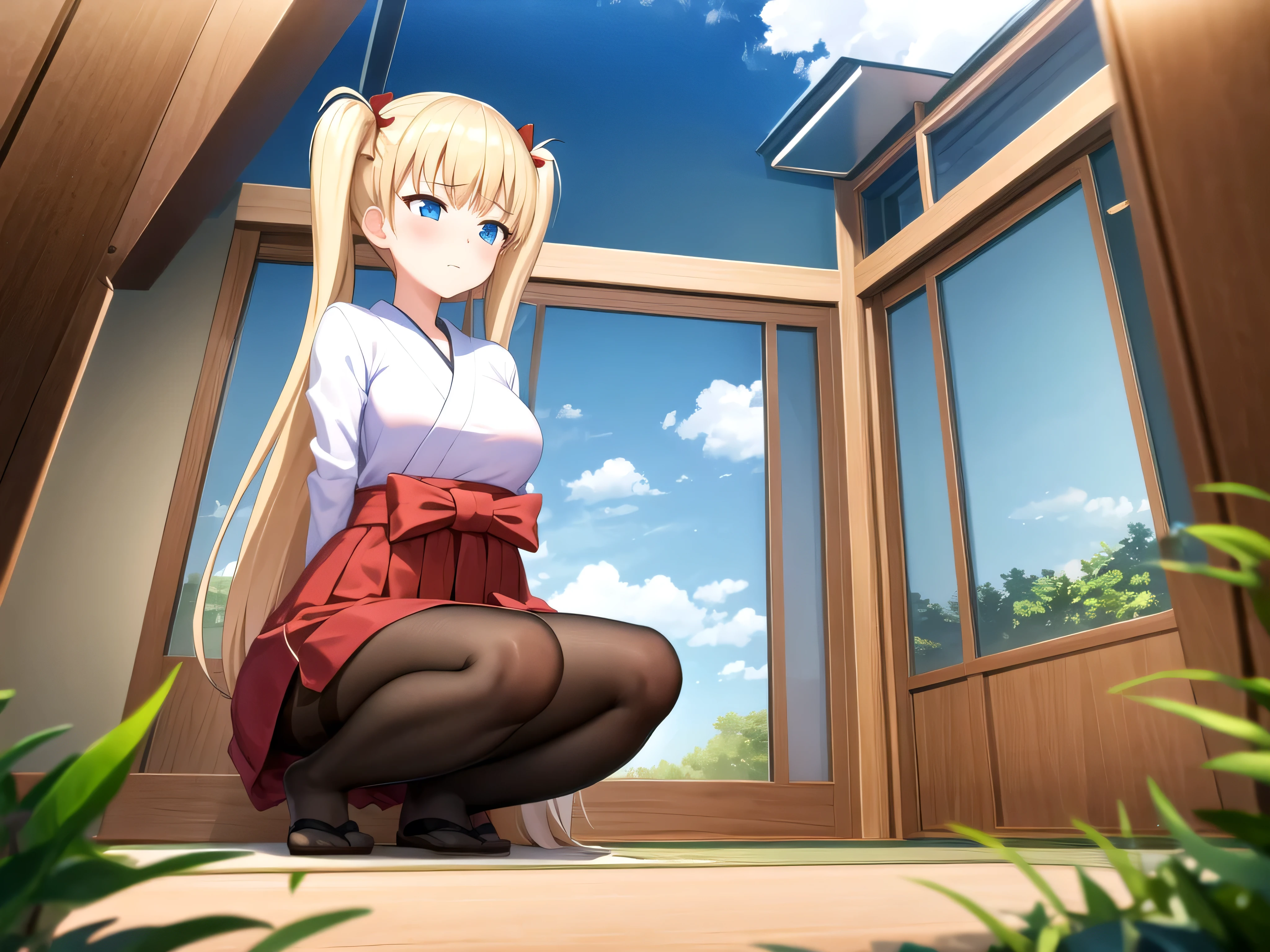 (masterpiece, Best Quality:1.2), absurdities, perfect anatomy, owtech, stylized, 1 girl, full body, looking at the viewer, blushing, shy expression, blunt bangs, Focus only, Soft lighting, (blue eyes), blonde hair, very long hair, twintails, Airi Akizuki, breast, A beautiful and seductive girl, sexy body, ((pantyhose))、Photo from below、Bedroom、((Hakama))、Poop sitting、Red ribbon、
