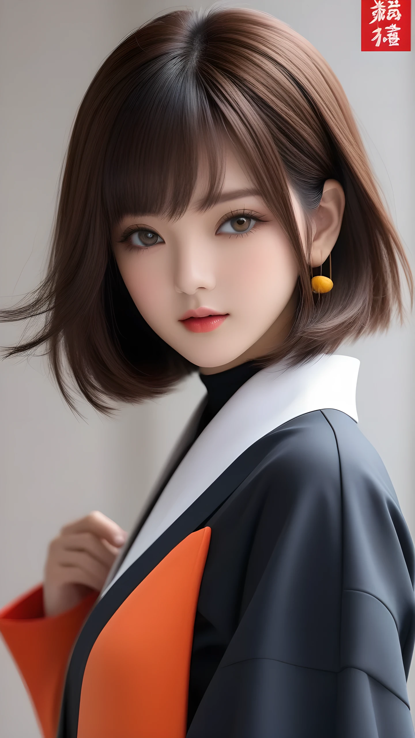 Highest quality　masterpiece　High resolution　masterpiece　Brown Bob　　Grey Eyes　blunt cut, Japanese girl 