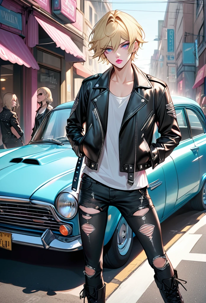 Male, with blond hair, with short hair, with light blue eyee, he is wearing a leather jacket, with a car, with black ripped jeans, with combat boots, with thigh highs, he is flat chested like a man, he has pretty pink lips, he has pericings, he is wearing pink eyeshadow.