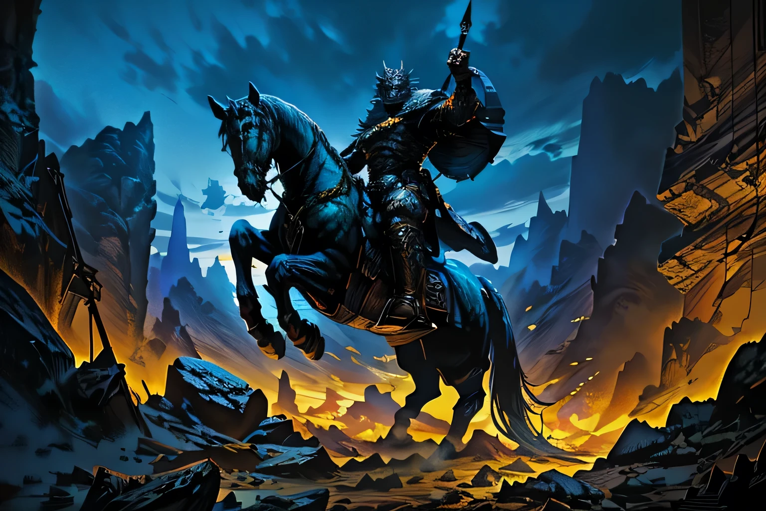 knight riding on a horse, dynamic color, (best quality,4k,8k,highres,masterpiece:1.2),ultra-detailed,(realistic,photorealistic,photo-realistic:1.37),cinematic lighting,dramatic lighting,glowing armor,intricate details,epic fantasy,dynamic action pose,powerful expression,majestic,heroic,vibrant colors,rich textures,ornate details,breathtaking landscape,cloudy sky