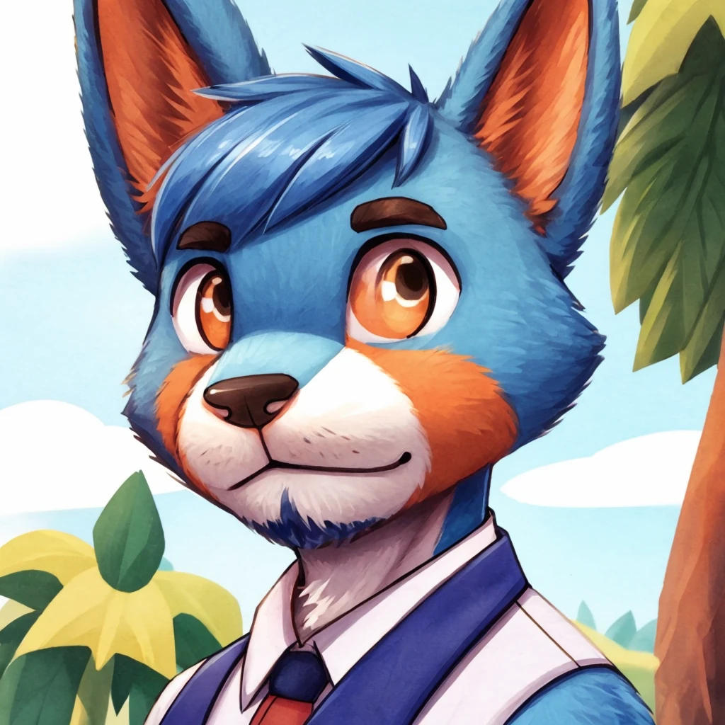 A close-up of an anthropomorphic male bunny, blue short hair, short beard, brown and orange polo shirt, high quality furry art, animal crossing style.