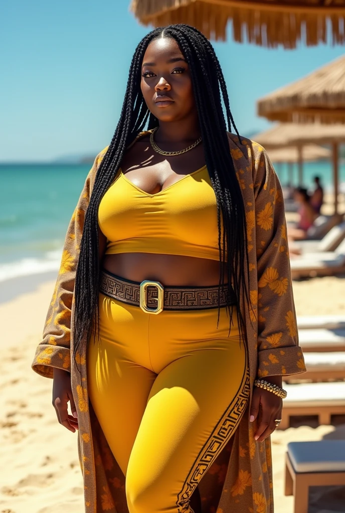 Create a realistic depiction of an African lady who is smartly dressed in modern clothes that are chic, flirty, sexy and respectable . Her outfit should prominently feature red color . She should have a very thick build and appear realistic." She should be standing in a beach posing confidently for the camera