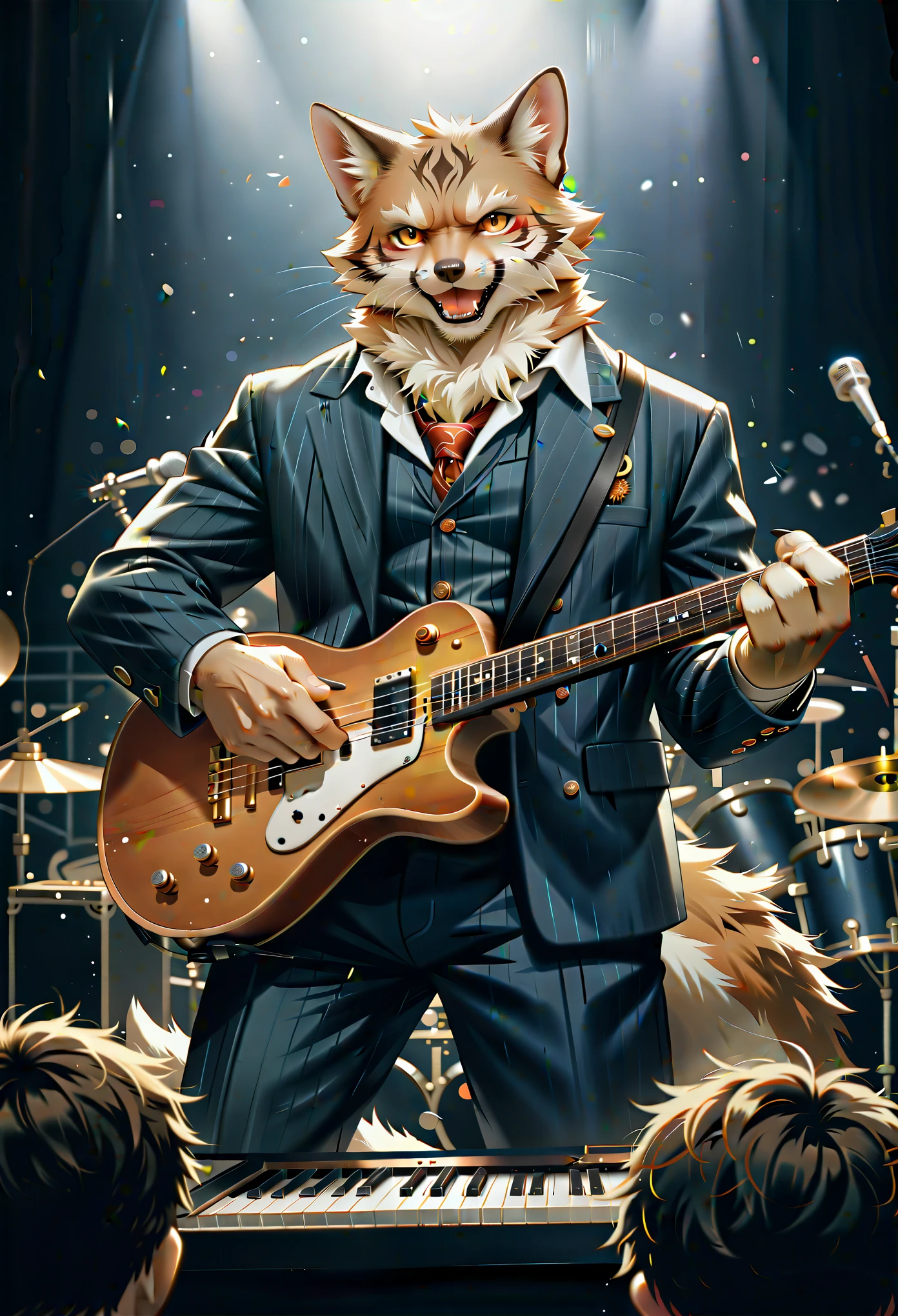 rating_safe, score_9, score_8_up, score_7_up, score_6_up, score_5_up, score_4_up, source_furry, highres, cover page, Rock Band Concerts, Musical instrument performance, Stage Performance, hot air, absurdres(kemono, 1boy, furry anthro)dramatic, epic, One scene of movie,