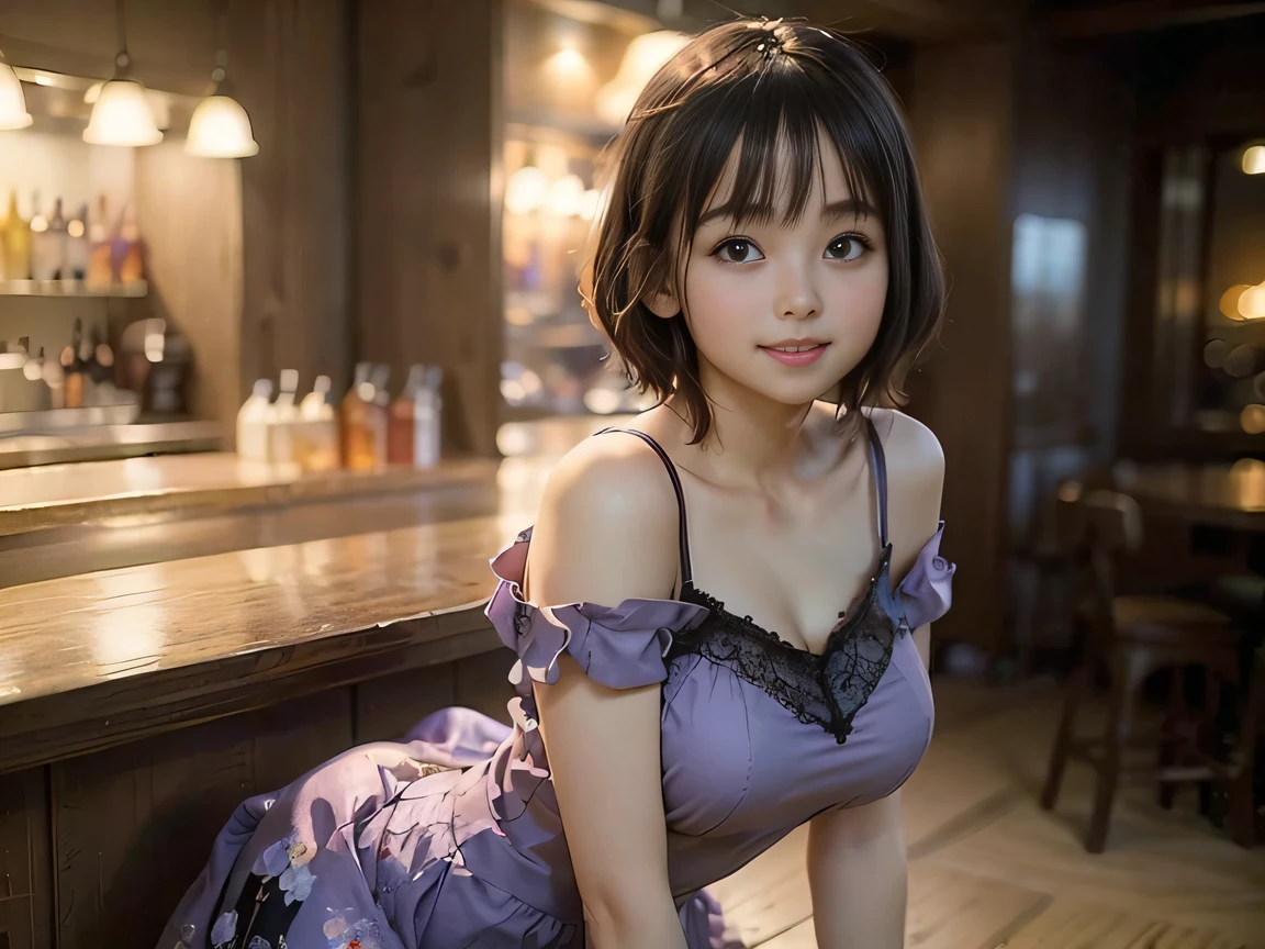(Highest quality, masterpiece, Ultra-high resolution, 8k, RAW Photos, Realistic, Anatomically correct:1.5), 20-year-old girl:1.2, Embarrassing, avert your eyes, blush:1.0, View Viewer, ((bar)) 、Large windows、Night view、 Light:1.2, Bokeh, Cinema Lighting:1.0, Depth of written boundary, sharp、 Cute Face、Idol、(Black short sleeve lace top)、(Black tulle skirt)、(Purple clothes)、(Floral clothes)、”dwarf”、(Full Body Shot)、(Side angle)、Cowboy Shot、( smile)、((Ultra short hair、Berry Short))、(Straight bangs)、((See-through))、(( One woman))、look back、I can see your belly button、