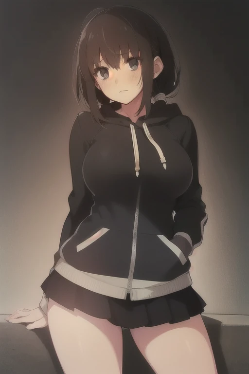 masterpiece, Best Quality, Absurd, Izuka_Minors, One girl, Dark black eyes, Hair between the eyes, Black Hair, Long Hair, Long twin tails, bangs, Hair Intake, Large Breasts, high school student, hoodie, jacket, black jacket, Black Skirt, Viewers looking at ,