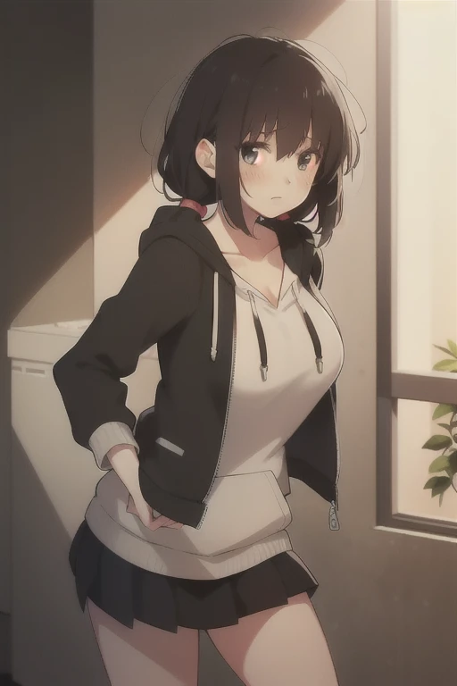 masterpiece, Best Quality, Absurd, Izuka_Minors, One girl, Dark black eyes, Hair between the eyes, Black Hair, Long Hair, Long twin tails, bangs, Hair Intake, Large Breasts, high school student, hoodie, jacket, black jacket, Black Skirt, Viewers looking at ,