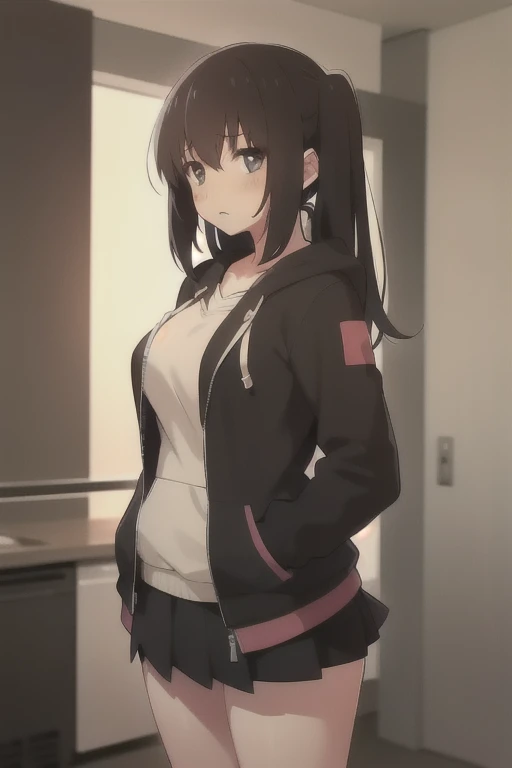 masterpiece, Best Quality, Absurd, Izuka_Minors, One girl, Dark black eyes, Hair between the eyes, Black Hair, Long Hair, Long twin tails, bangs, Hair Intake, Large Breasts, high school student, hoodie, jacket, black jacket, Black Skirt, Viewers looking at ,