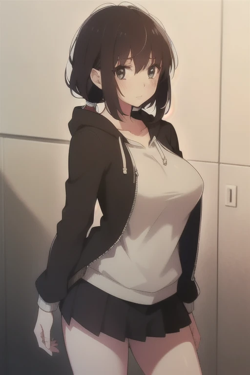 masterpiece, Best Quality, Absurd, Izuka_Minors, One girl, Dark black eyes, Hair between the eyes, Black Hair, Long Hair, Long twin tails, bangs, Hair Intake, Large Breasts, high school student, hoodie, jacket, black jacket, Black Skirt, Viewers looking at ,