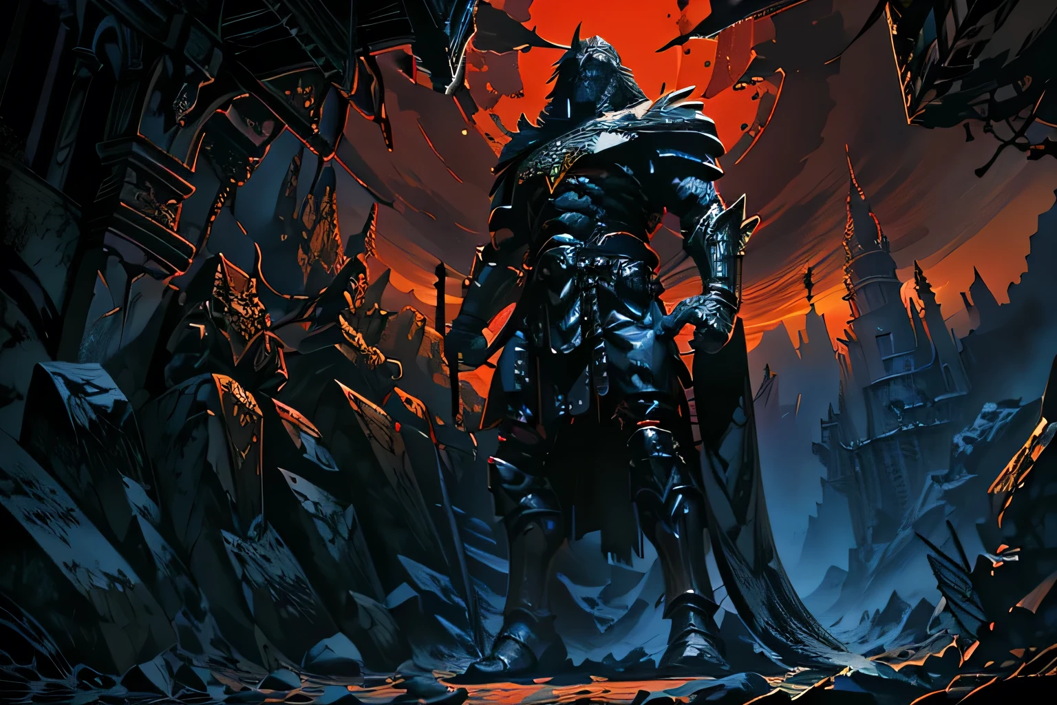 a knight with a sword, red environment, highly detailed, photorealistic, masterpiece, dramatic lighting, cinematic, epic, intricate details, armor plates with metal textures, gleaming sword, flowing cape, intense eye contact, muscular physique, rugged facial features, chiseled jawline, determined expression, moody red sky, glowing embers, crumbling castle ruins, dramatic shadows, volumetric lighting, cinematic camera angle, unreal engine, 8k, hyper realistic