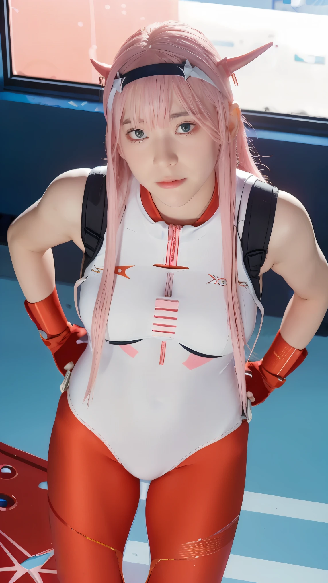 Very detailed background, masutepiece, Best Quality, 1girl in, Solo, ((masutepiece, Best Quality)),Best aesthetic, Zero Two (darling in the franxx), darling in the franxx, Bangs, Biting, blush, Covered navel, eyeshadows, Green eyes, hair behind head, put hands on the hip, Smile, Long hair, Looking at Viewer, makeup, medium breasts, pilotsuit, White and red suit, Pink hair, Red eyeshadow, Science fiction, Skin Tight,