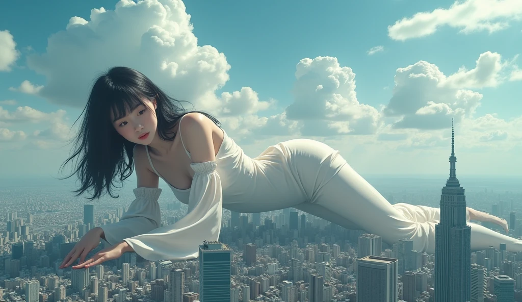 1 Girl,young，Lovely，Lean，，Asian young woman，Smile，White swimsuit，Soaked，Naked，Long hair，Model city，destroy，（Huge GTS），GTS is higher than the cloud，A vulnerable city，full-body shot，Stand on the city，look down，Separate the legs，Close-up of feet