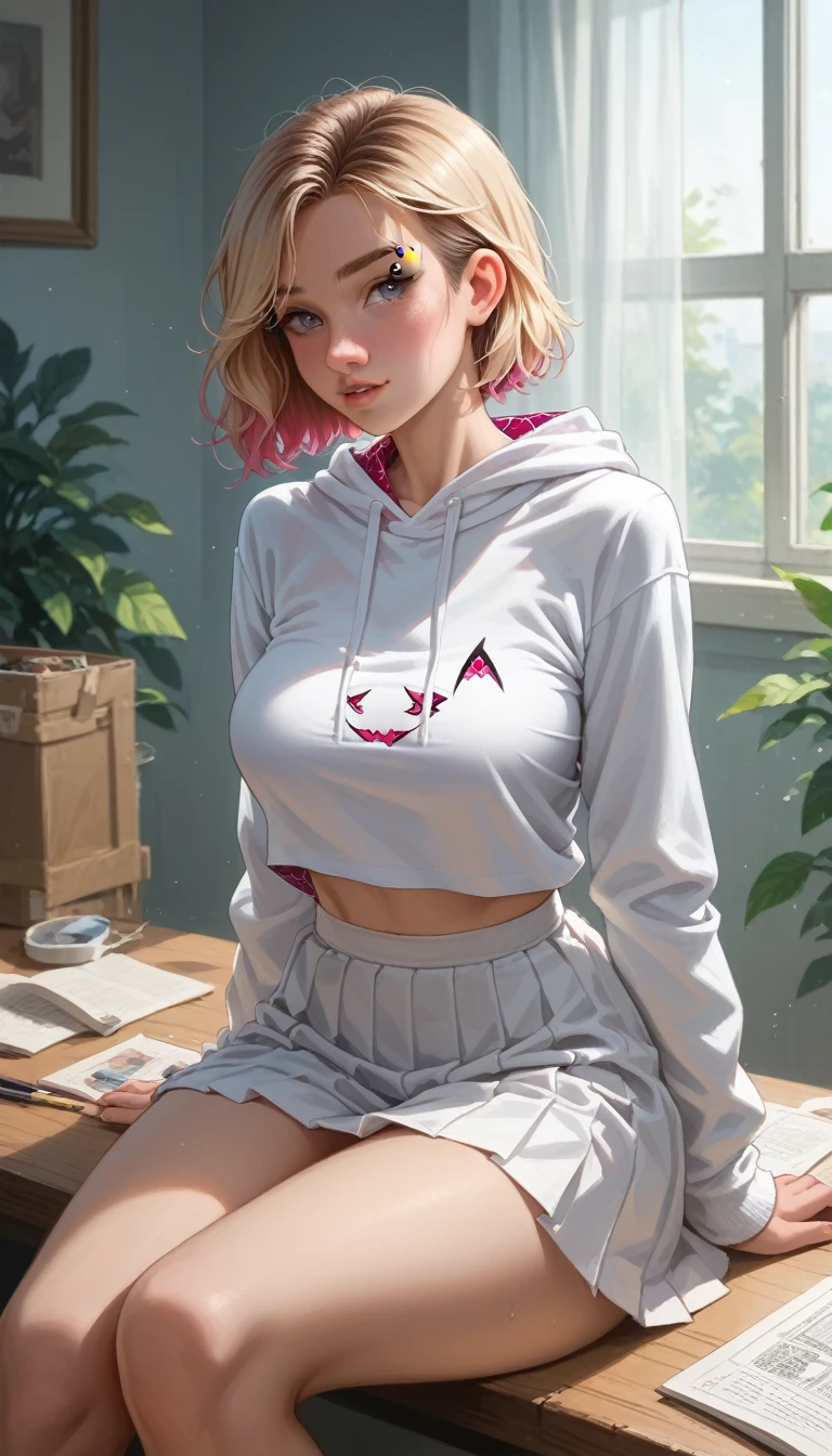 Spider-Gwen, gwen stacy,masterpiece, Detail, HD model, high quality, white sweatshirt short skirt no underwear big breasts, sitting with legs open 