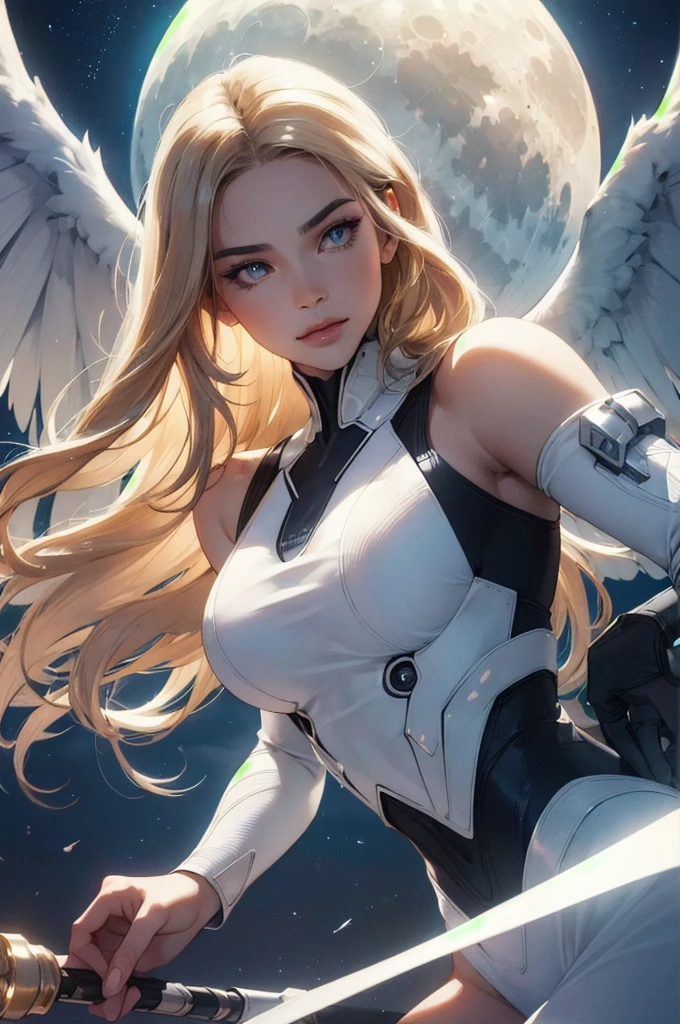 Mercy from Overwatch with angel wings, the lighting and background is bright realistic style, with high attention to detail and sharp focus. The colors are vivid and contrasted, with a slight desaturation. The lighting is dramatic, with shadows and highlights enhancing the overall composition. The medium used is a digital illustration, with a touch of photo-realistic elements to add depth and texture to the image. The final result is a masterpiece in ultra-high resolution, showcasing the intense and raw nature of Mercy's character.