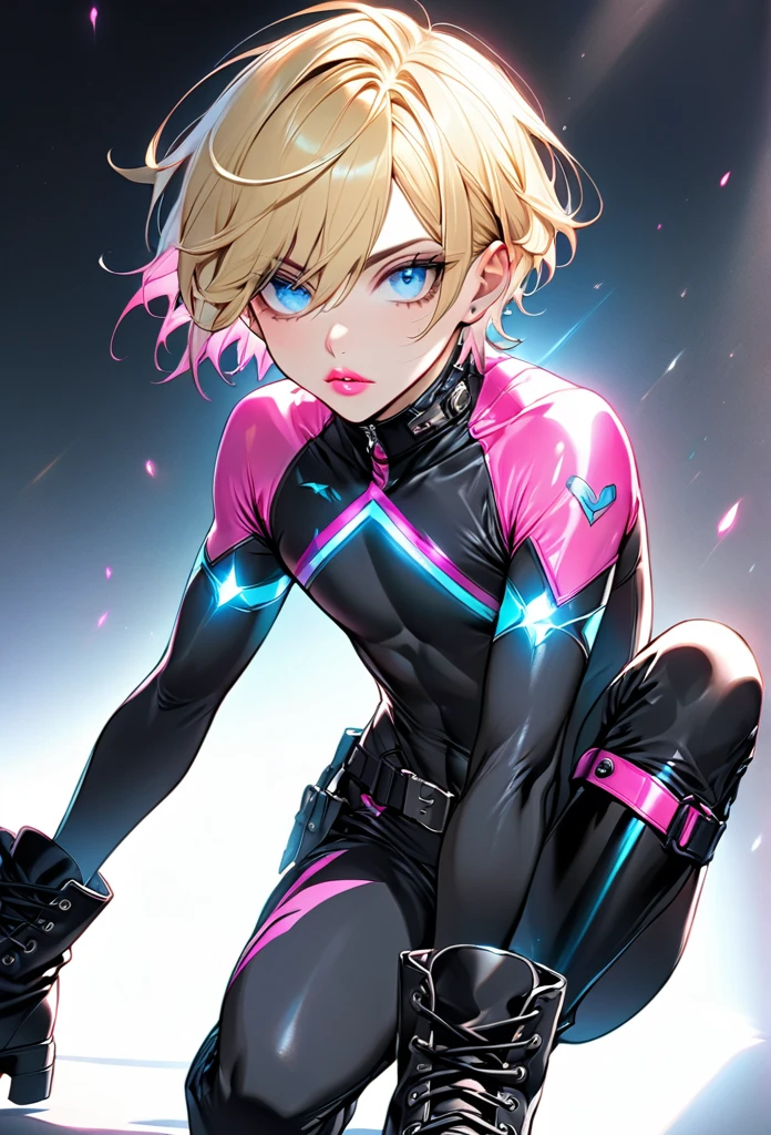 Male, with blond hair, with short hair, with light blue eyee, he is wearing skin tight outfit, with combat boots, he is flat chested like a man, he has pretty pink lips, he has pericings, he is wearing pink eyeshadow.