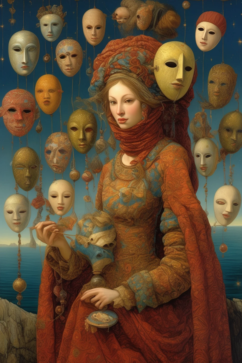 James C. Christensen Style - in the style of James Christensen, James C. Christensen Style - in the style of James Christensen, woman gently holding a thread to which are attached several theatrical masks floating in the sky. The masks represent different faces of the woman and her emotions, such as joy, sadness, anger and surprise, with bright colors and expressive details. The background is a cliff with grass overlooking the sea, suggesting a dreamlike and surreal atmosphere. Use Greek or Venetian masks, to enrich the meaning of the image.
