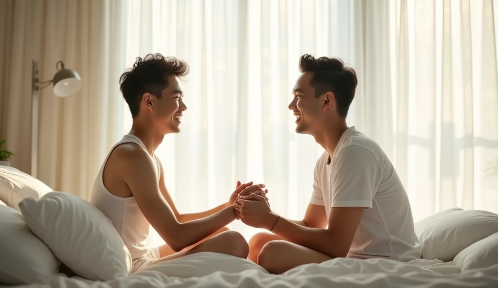 ((masterpiece)),((bestquality)),8k,high detailed,ultra-detailed,photography,award winning,documentary,Original Photo,realistic,2boys,gay men,romance,intimacy,Asian men,cozy atmosphere,soft lighting,tender expressions,realistic photo-like artwork,potential for world photography awards,homey setting,comfortable sofa,loving gestures,genuine connection,subtle details,captivating gaze,warm colors,inviting ambiance,authentic emotions,