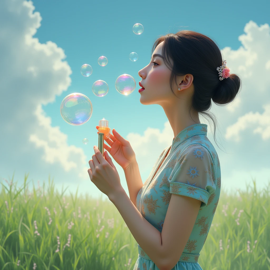 Beautiful girl blowing soap bubbles、Beautiful countryside scenery