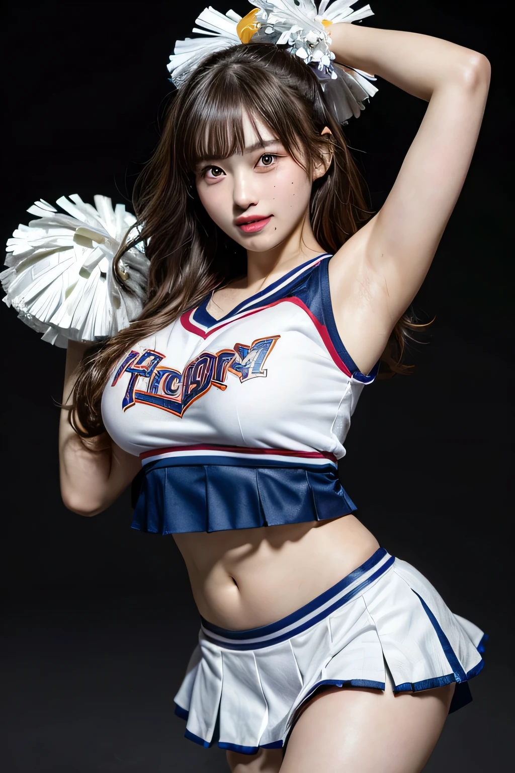 (((masterpiece))),(((high resolution)))、(((8K)))、(((perfect face)))、((beautiful woman))、(((Korean beautiful girl)))、(((cheerleader)))、mini skirt、((beautiful woman))、(cute)、night、big breasts、Plump、plump stomach and thighs
