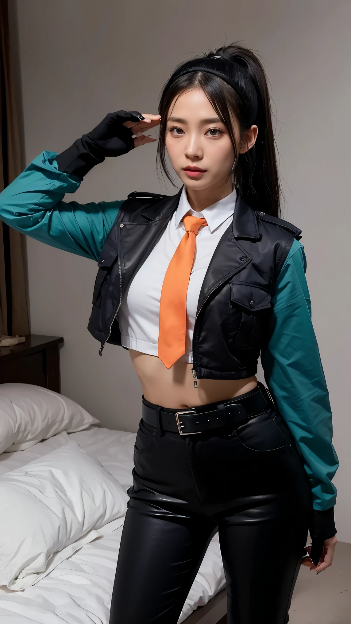 zhu yuan Naughty pose at bedroom grab gun, orange eyes, black hair, long hair, streaked hair, ponytail metal hairband, police uniform, blue jacket, cropped jacket, long sleeves, black vest, two-tone vest, black gloves, green necktie, plaid necktie, black pants, high-waist pants, belt, thigh straps, knee pads, holster, tight pants, blue footwear