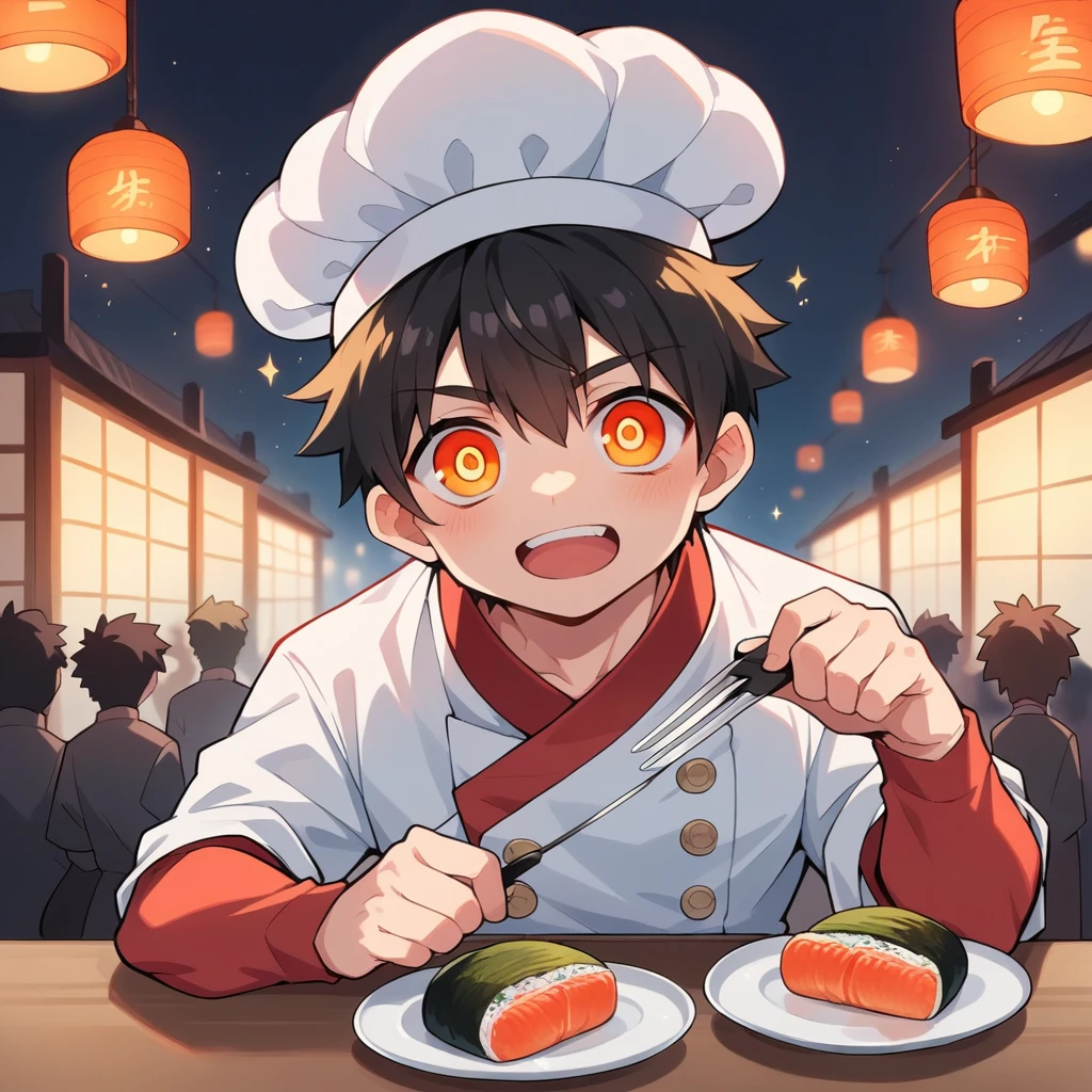 A chibi anime-style illustration of a 3 Japanese man, dressed as a sushi chef. He wears a red shirt, white chef hat, with a playful, dynamic pose. The background shows a traditional Japanese restaurant, bright lights casting a soft glow. Created Using: cel-shaded, anime style, thick outlines, vibrant colors, manga influence, dynamic lighting, playful character design, anime character proportions, expressive eyes --v 6.0
