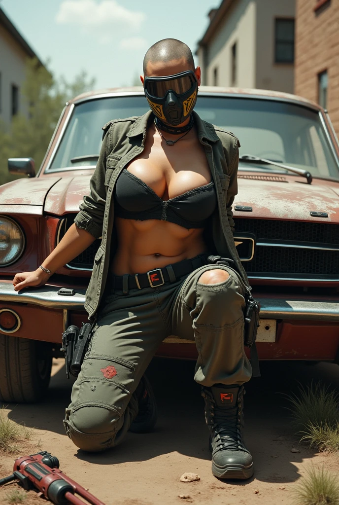 Sexy woman with great athletic body wearing a black cropped top with green lace, camouflage pants, tactical vest, a motorcycle riding on a street with tall vegetation and houses