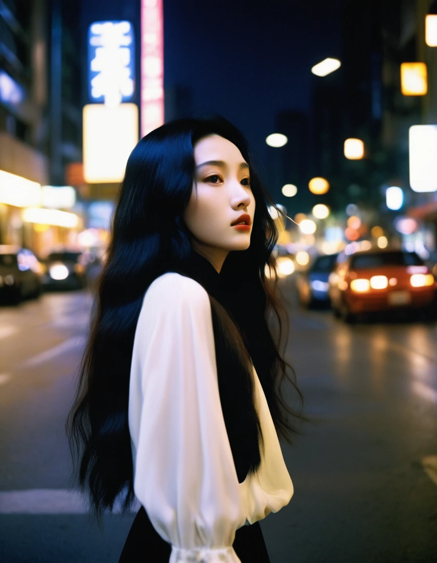 beautiful 20 year old girl, dressed in black, long black hair, wavy hair, walk through the city at night, traffic lights, Cars, people passing by, high contrast in lighting, Very detailed, high budget, bokeh, melancholy, film grain, Wong Kar Wai&#39;s film lighting style, in a dark environment,hyperrealism, realism,