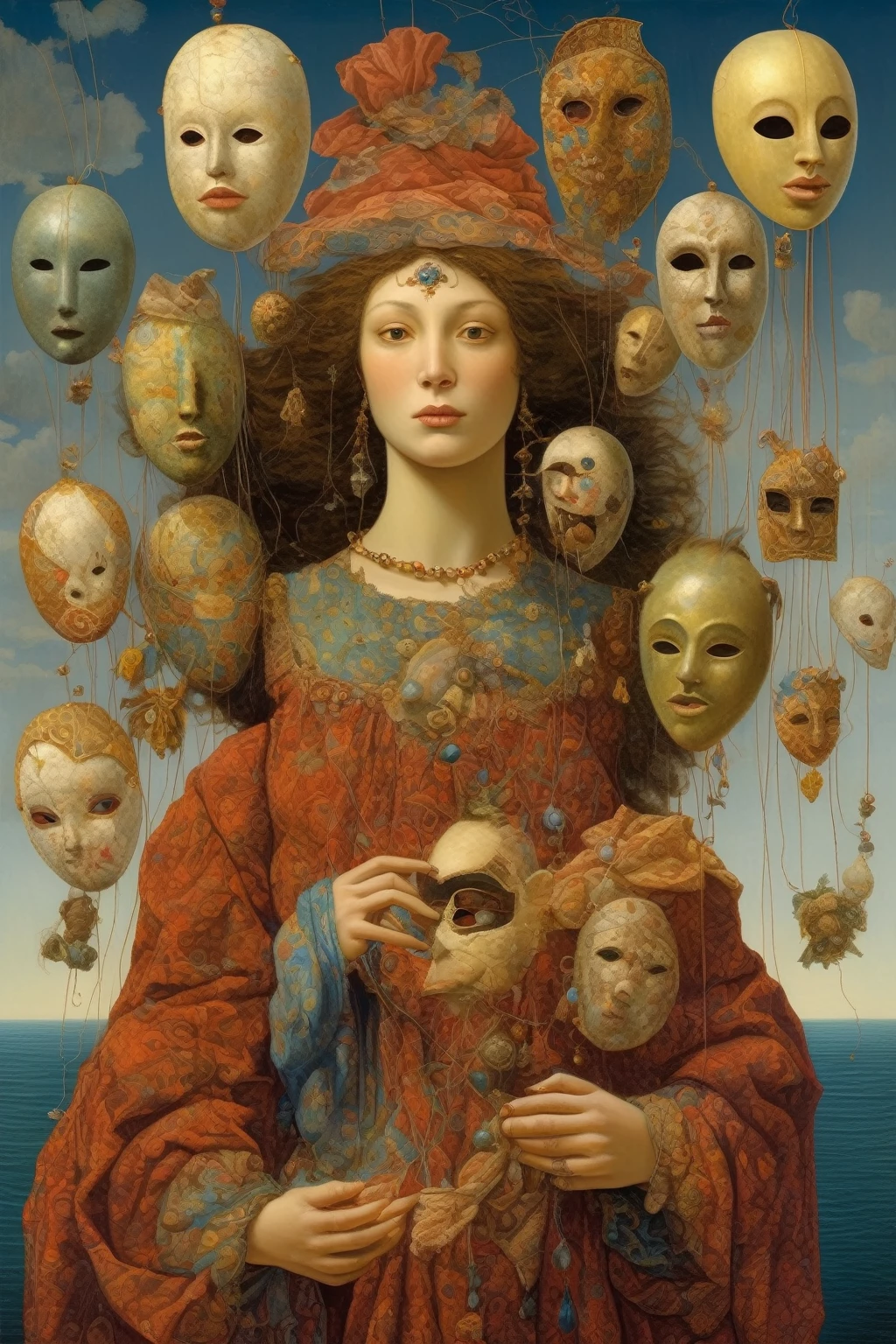 James C. Christensen Style - in the style of James Christensen, James C. Christensen Style - iwoman energetically holding a thread to which are attached several theatrical masks floating in the sky. The masks represent different faces of the woman and her emotions, such as joy, sadness, anger, and surprise, with soft colors and expressive details. The background is a cliff with grass overlooking the sea, suggesting a dreamlike and surreal atmosphere. uses Greek or Venetian masks to enrich the meaning of the image, which should convey the woman's effort to prevent the wind from snatching the thread from her hand


