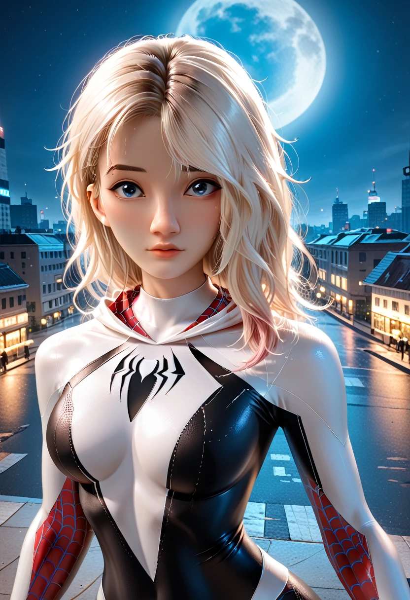 (masterpiece, 4K resolution, Surrealism, Very detailed), (white super hero theme, attractive, There was a girl in town, Wearing a spiderman costume, She's a superhero), [ ((25 years), (long white hair:1.2), whole body, (blue eyes:1.2), ((Spider-Man pose),show strength, jump from one building to another), ((sandy urban environment):0.8)| (city View, night, dynamic lights), (full moon))], interpretation: The prompt mainly describes an Ultra HD 4K painting, Very realistic, Very detailed. It shows a superheroine on top of the city, Wearing a knight costume. The theme of the painting is white super hero theme, the female protagonist has long white hair, is 2 and her entire body is shown in the painting. In depicting superhero action, employed，huge breasts，Show breasts，exposing her chest