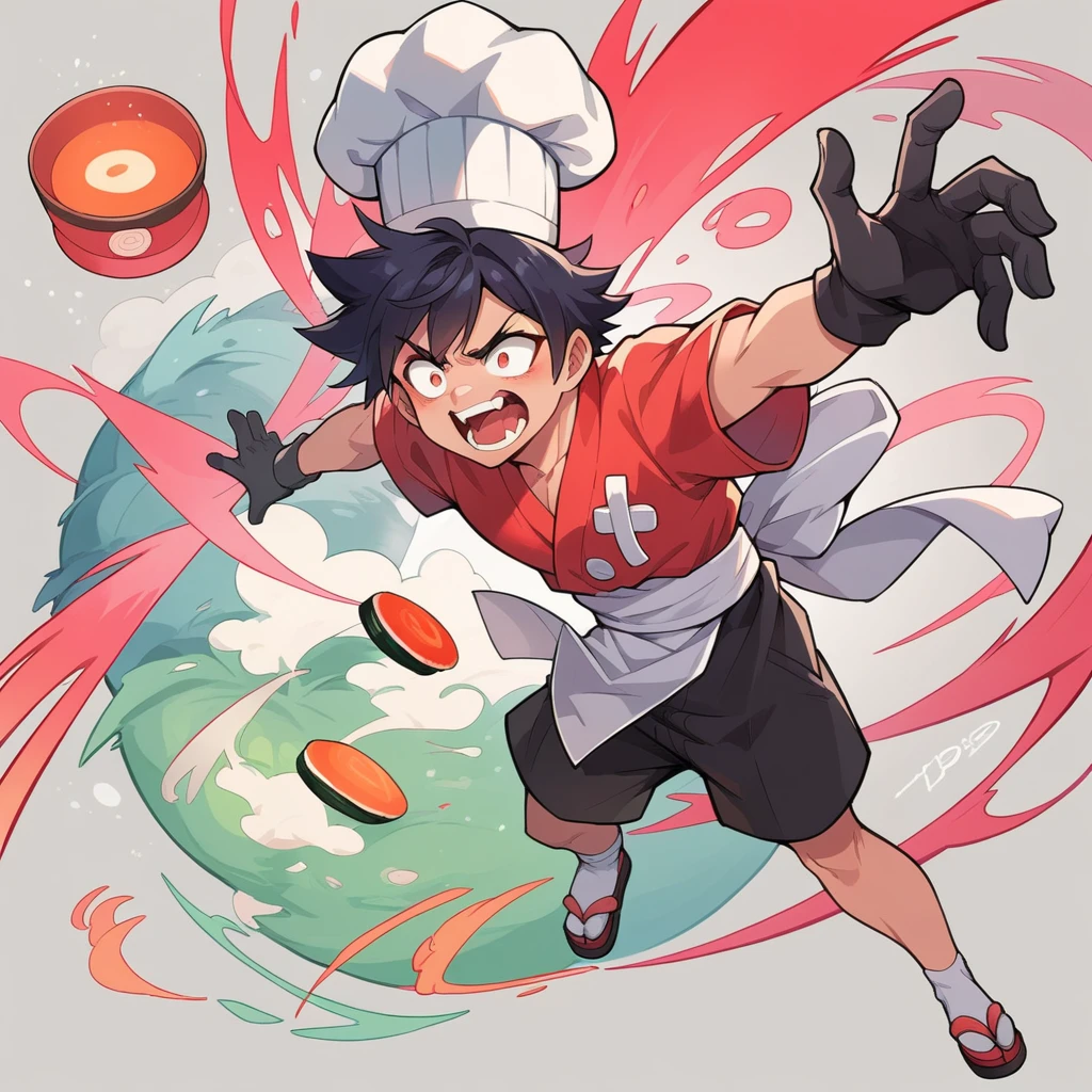 A Japanese sushi chef in chibi form, wearing a red shirt and chef's hat, dynamically tossing sushi ingredients into the air, kitchen background with shelves of ingredients. Bright neon lighting enhances the scene. Created Using: anime style, action lines, colorful gradients, exaggerated expressions, clean cell-shading, vibrant contrasts, bold outlines, hd quality --ar 9:16 --v 6.0