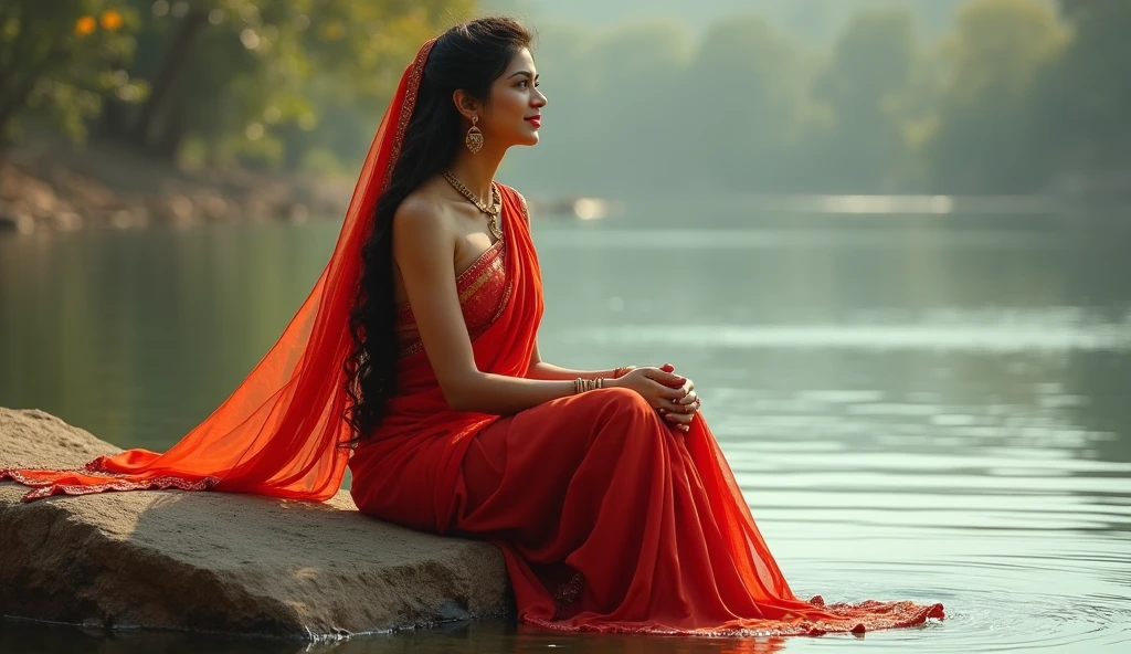 beautiful girl age 20 in panjabi dress long hair watching water flow