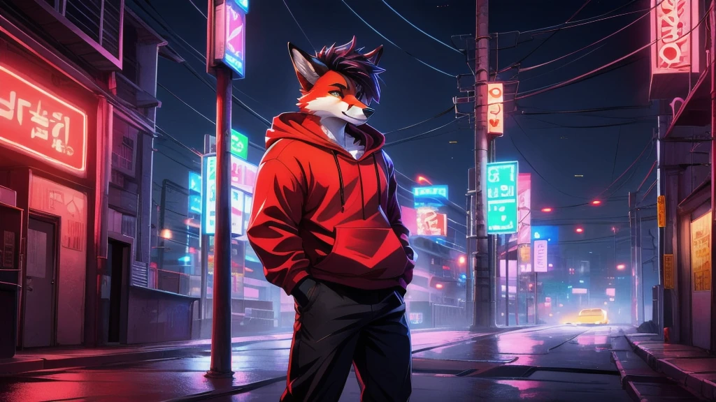 a male red fox with black cool hair wearing a red hoodie and black pants holding a katana with neon lights was leaning against an electricity pole in the middle of the city