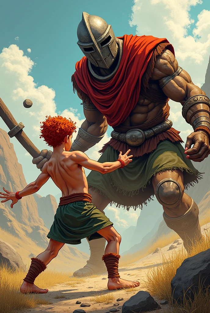 Red-haired David throwing a stone at Goliath