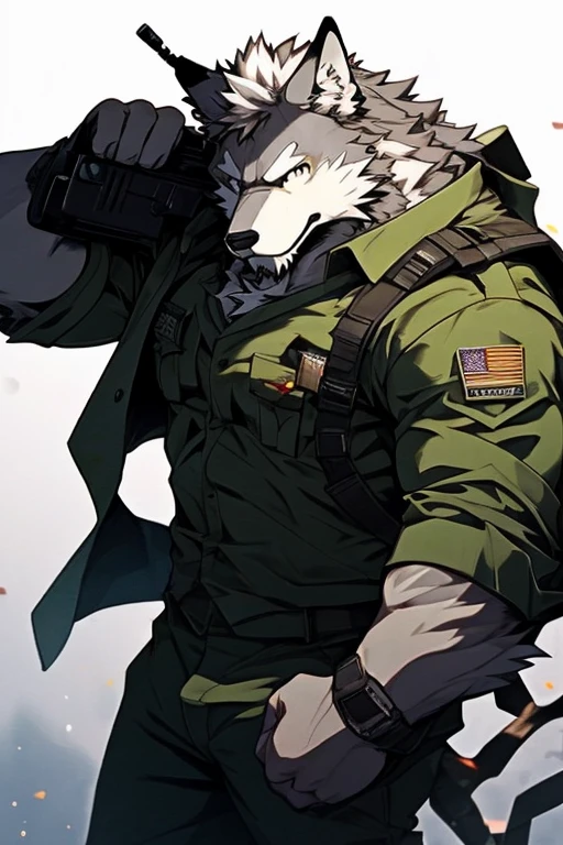 A Side Picture of A Very Muscular Furry style Gray Wolf. he is wearing A Full Green military suit. his eyes are looking in the gun looking spot. he is holding a very large gun in front him. his both hand are aiming in front of him. The background is all gray