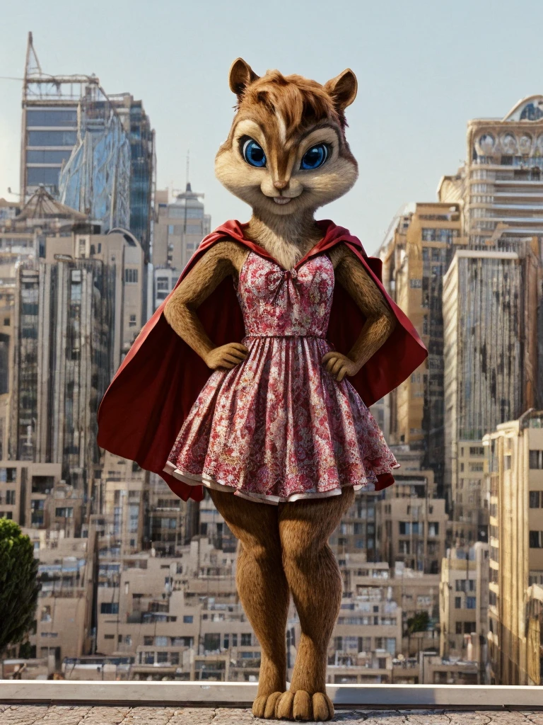 score_9, score_8_up, score_7, score_6, South Africa, City, Cape Town, brittany miller, chipmunk, furry, short ears, blue eyes, pink summer dress, standing, looking at viewer, 6 inches tall