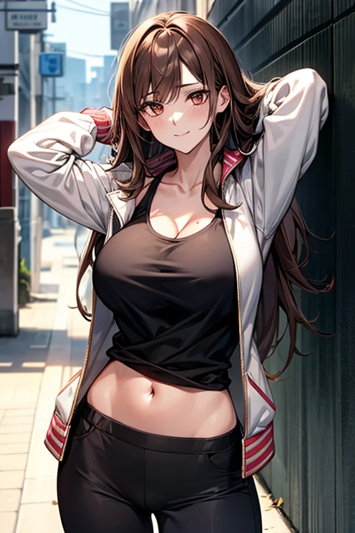 score_9, score_8_up, score_7_up, score_6_up, source_anime, rating_explicit, 1girl, solo, huge breasts,brown hair, long hair, brown eyes, track jacket, black jacket, open jacket, long sleeves, collarbone, cleavage, white tank top, black pants, smile, closed mouth, Narrow shoulders, heavy breathing, steaming body, alley, outdoors, looking at viewer, standing, arms behind head, close-up